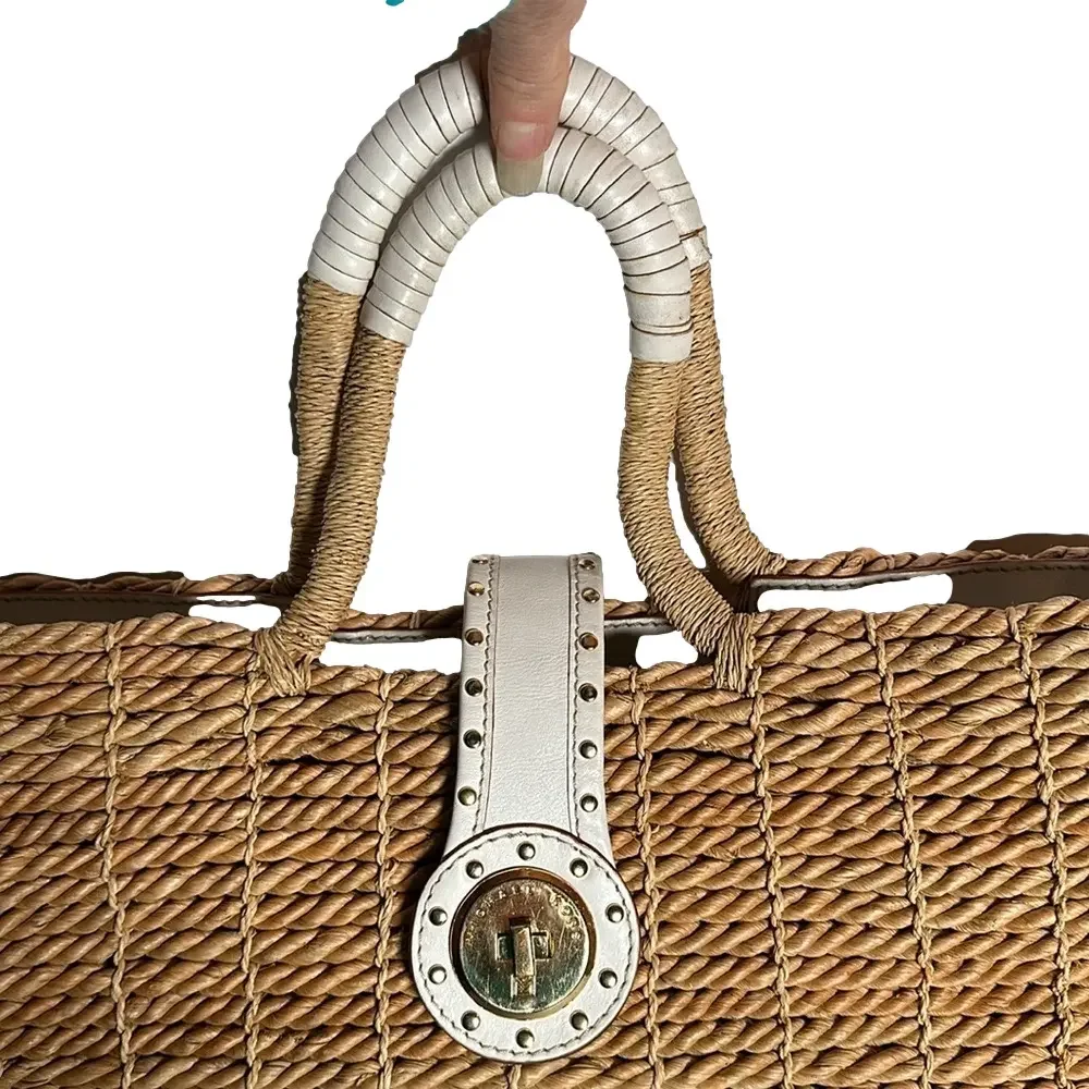 MICHAEL KORS Vintage large straw husk and white leather with gold tone studs